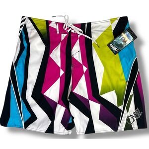 O'Neill Board Shorts Mens 38 Y2K 90s Surf Retro Geometric Multicolor Swim Trunks